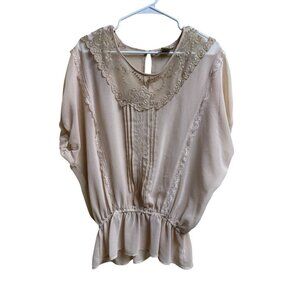 Arden B Lace Boho Peasant Blouse Beige Sheer Peplum Top Size S